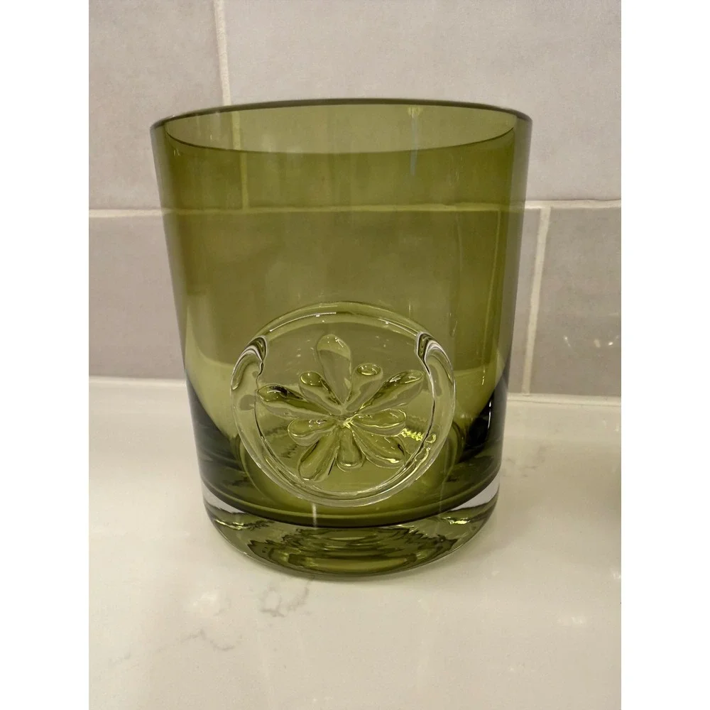 Vtg Dartington‎ Glasses Olive Green Snowflake Medallion Set 2